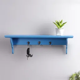 craft tree Mango Wood Floating Wall Shelf With In Blue Colour Key Holder image 1