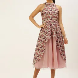 Ethnovog BeigePink Printed Asymmetric Layered Ethnic Dress-picture-31