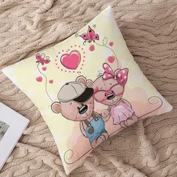 STITCHNEST Yellow & Pink Cartoon Characters Printed Cotton Square Cushion Covers image 2