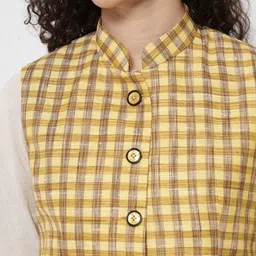 Vastraa Fusion Women Yellow & Brown Checked Woven Pure Cotton Nehru Jacket image 2
