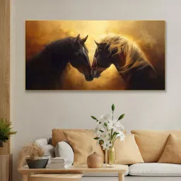 nestroots Gold Canvas Framed Majestic Equine Encounter in Art Wall Painting(18X36 Inch) image 1