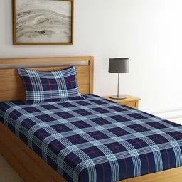 Arrabi Navy Blue & White Geometric 300 TC Single Bedsheet with 1 Pillow Covers image 1