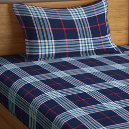 Arrabi Navy Blue & White Geometric 300 TC Single Bedsheet with 1 Pillow Covers image 3