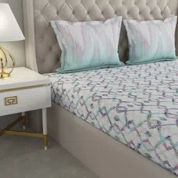 GM Grey Blue Geometric 144 TC Cotton Double Super Queen Bedsheet with 2 Pillow Covers image 4