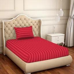 SPACES Red Striped 210 TC Cotton 1 Single Bedsheet with 1 Pillow Cover-picture-15