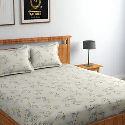 GLORIES Cream & Yellow Floral 210 TC King Bedsheet with 2 Pillow Covers-picture-40