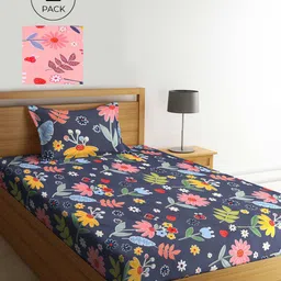 KLOTTHE Blue & Pink Floral 210 TC 2 Single Bedsheet with 2 Pillow Covers-image-95