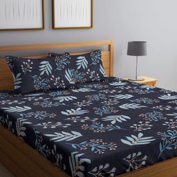 Arrabi Black & Yellow Floral 300 TC King Bedsheet with 2 Pillow Covers-picture-40