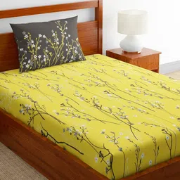 Home Ecstasy Yellow & Grey Floral 140 TC Single Bedsheet With Pillow Cover image 3