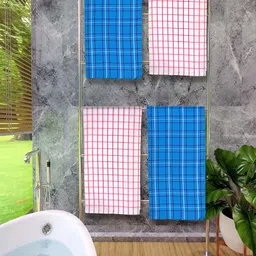 Athom Living Blue & Pink 4 Pieces Checked Cotton 150 GSM Bath Towel-image-89