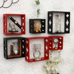 Home Sparkle Set Of 6 Brown & Red MDF Square Shaped Floating Shelves-image-60