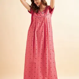 Sweet Dreams Red & Blue Ethnic Motifs Printed Pure Cotton Maxi Nightdress-image-71