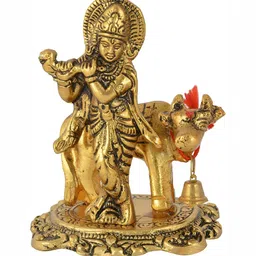 Navyaksh Gold-Toned Krishna Ji With Cow Religious Idol Showpiece-image-48