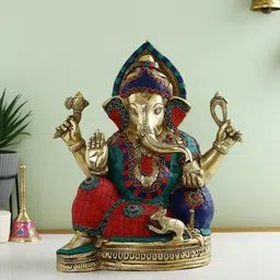 CraftVatika Red & Green Textured Ganesh Brass Idol Showpiece-picture-34