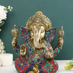 CraftVatika Red & Green Textured Ganesh Brass Idol Showpiece-image-61