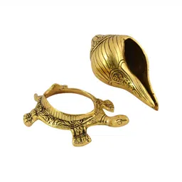 HANDICRAFTS PARADISE Gold Toned Shank on Tortoise Base Metal Religious Idol Showpiece image 5