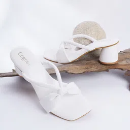 Cogner White Embellished Party Block Sandals with Bows-picture-18