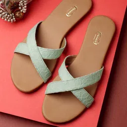 PANAHI Women Sea Green Textured Open Toe Flats-picture-23