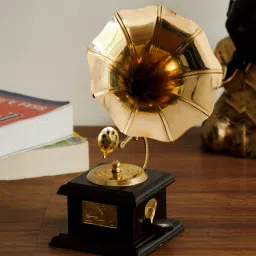 ecraftindia Brown Brass Music Decorative Gramophone Showpiece image 1