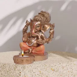 Ashnam Ganesha Figurine with T-Light Holder - Gold & Orange, 17.4cm-image-59