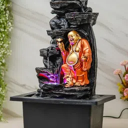 CHRONIKLE Golden Brown Polyresin Tabletop Laughing Buddha 6 Step Indoor Water Fountain for Home Decor with LED, Speed Control Pump (Size: 37 x 28 x 57 CM | Weight: 3260Gram) image 3