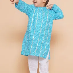 Aj DEZInES Boys Bandhani Printed Band Collar Gotta Patti Pure Cotton Kurta With Pyjamas image 3
