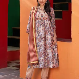 Biba Floral Printed Chanderi Cotton Kurta & Trousers With Dupatta-picture-27