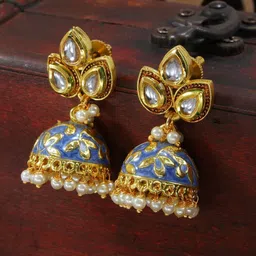 I Jewels Gold-Plated & Blue Pearl Studded Enamelled Dome Shaped Jhumkas Earrings-picture-10
