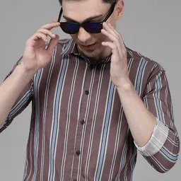 Voi Jeans Men Burgundy & Blue Striped Standard Slim Fit Striped Casual Shirt-image-49