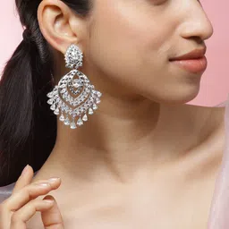Rubans Rhodium-Plated Cubic Zirconia Studded Chandelier Drop Earrings-picture-14