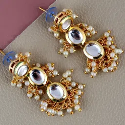 LUCKY JEWELLERY Gold-Plated Kundan-Studded Contemporary Drop Earrings-picture-13