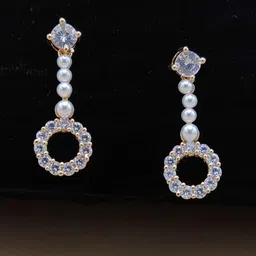 JYONA Rose Gold-Plated American Diamond & CZ Studded Circular Shaped Drop Earrings-image-2