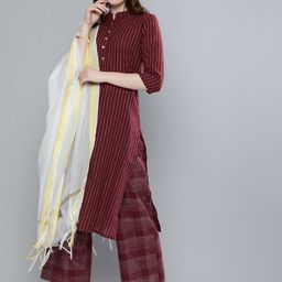 Vishudh Women Maroon & White Striped Kurta with Palazzos & Dupatta-picture-36