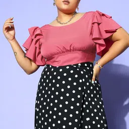 Berrylush Curve Pink Solid Ruffled Top image 2