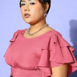 Berrylush Curve Pink Solid Ruffled Top image 3