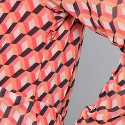 SASSAFRAS Women Peach-Coloured & Black Geometric Printed Wrap Dress image 5