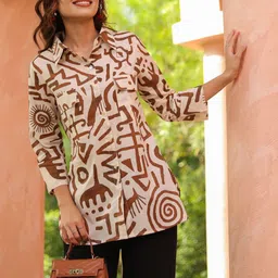 Rain & Rainbow Women Abstract Printed Shirt Collar Cotton Top image 3