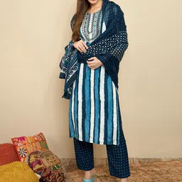 Indo Era Striped Sequinned Straight Kurta With Trousers & Dupatta image 3