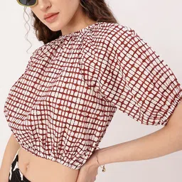 DressBerry Feminine Touch Gathers Checked Blouson Crop Top image 2