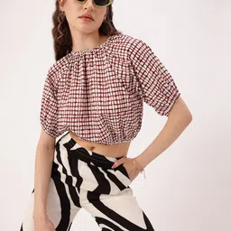 DressBerry Feminine Touch Gathers Checked Blouson Crop Top image 3