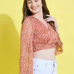 ANVI Be Yourself Abstract Printed V-Neck Waist Tie-Up Crop Wrap Top image 3