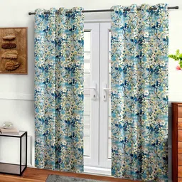 cortina Blue Polyester Floral 7ft Semisheer Eyelet 2 Pc Door Curtains image 3