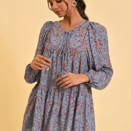 W Blue Ethnic Motifs Printed Tie-Up Neck Puff Sleeve A-Line Top image 1