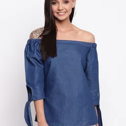 Mayra Off-Shoulder Puffed Sleeves Bardot Denim Top-picture-12