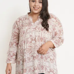 IX IMPRESSION Women Plus Size Brown & White Abstract Printed Mandarin Collar Top-picture-27