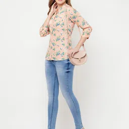 Crimsoune Club Peach-Coloured & Green Floral Print Mandarin Collar Top-picture-41