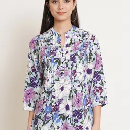 IX IMPRESSION Women Plus Size White & Purple Floral Print Mandarin Collar Longline Top-picture-30