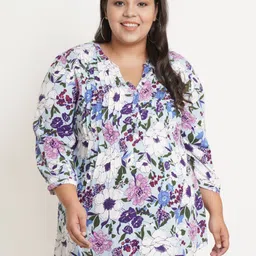 IX IMPRESSION Women Plus Size Blue & White Floral Printed Mandarin Collar Top-picture-20