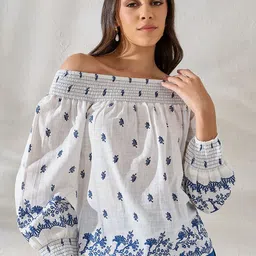 Styli Floral Embroidered Off Shoulder Puff Sleeves Cotton Bardot Top image 1