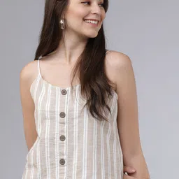 Tokyo Talkies Women Beige Striped Tank Pure Cotton Top-image-6